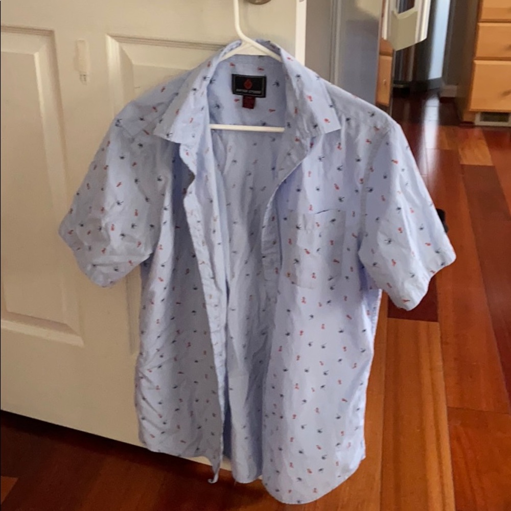 Swiss cross blue short sleeve button up shirt